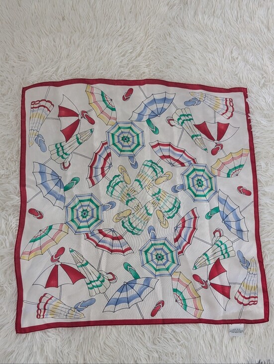 Accessories - Vintage 100% Silk Beach Umbrella Scarf Square Red Border Resort Coastal 26x26